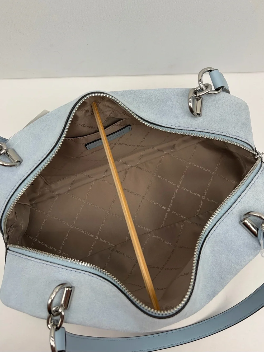 Michael Kors Cecily Light Blue Suede Shoulder Bag with MK Charm